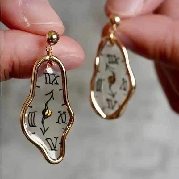 Gold Melting Clock Dangle Earrings - Picture 1 of 3